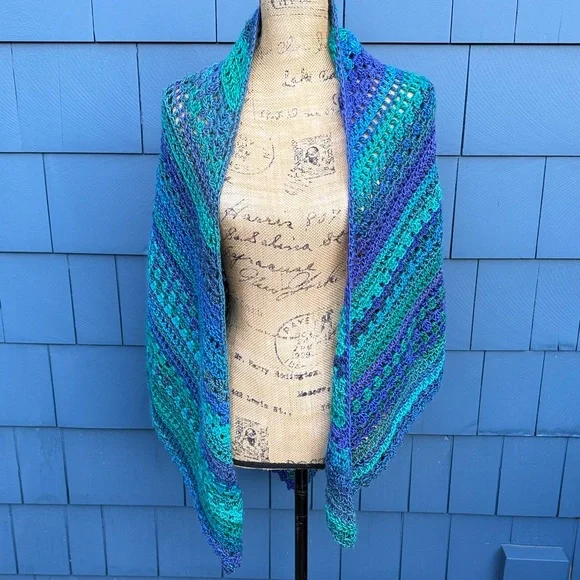Multicolor Crochet Poncho wrap drape shawl purple green teal blue - Picture 2 of 8